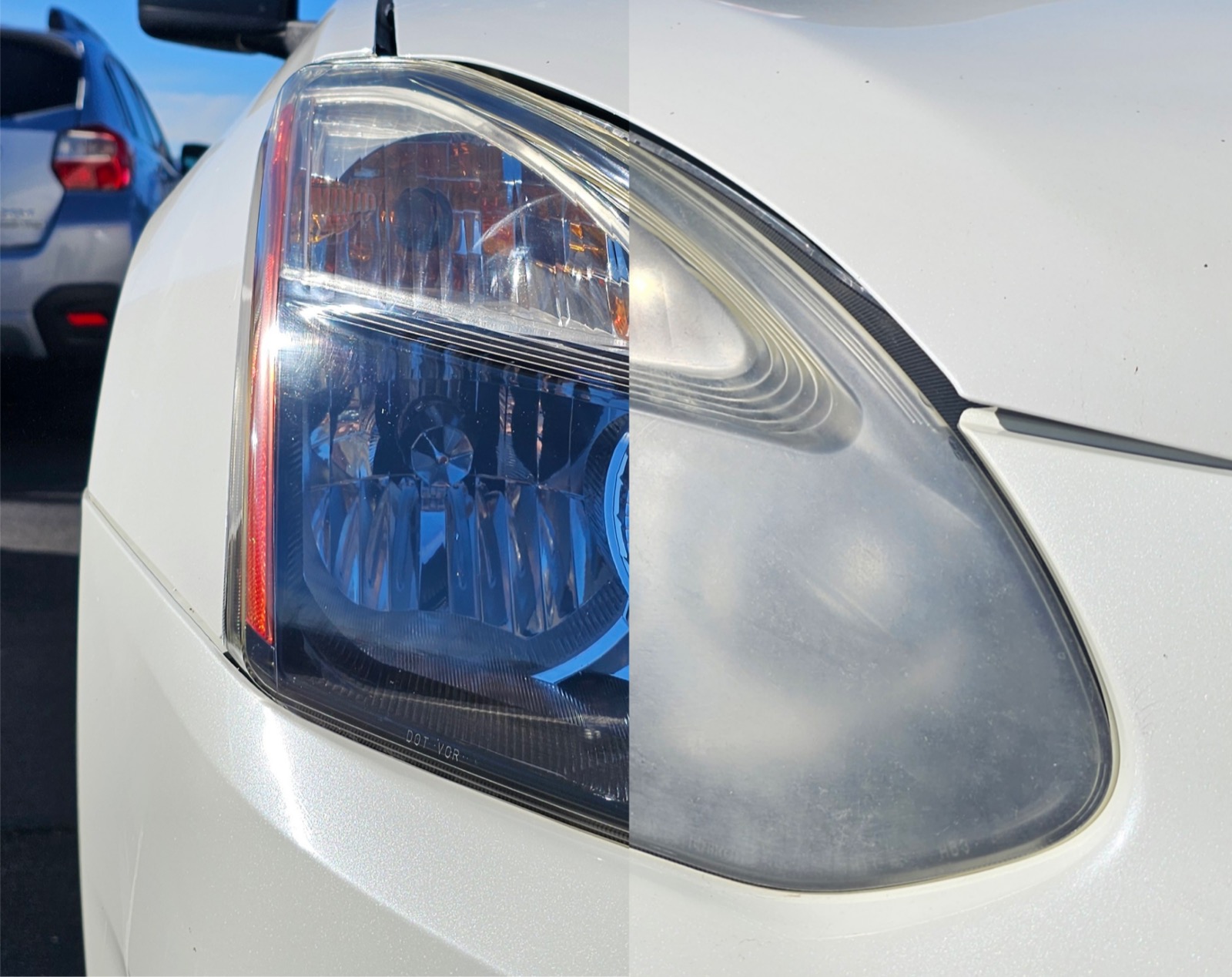 Headlight restoration — one lens, before and after